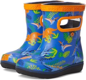 Easy-on toddler rain boots for wide feet with dinosaur print and pull handles by BOGS