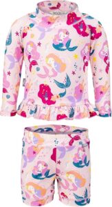 Kids two-piece UV rashguard set with long sleeves and shorts for sun protection at the beach or pool