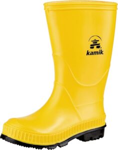 Roomier Kamik Stomp toddler rain boots with flexible waterproof rubber and traction outsole for easy rainy day fun