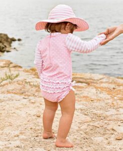 Toddler girl wearing a pink polka dot long sleeve rashguard swimsuit with ruffle details for sun protection at the beach or pool