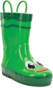 Western Chief toddler rain boots with roomy toe box, easy pull-on handles, waterproof rubber, and playful frog print for independent, comfortable play