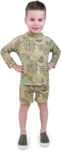 Child wearing Jan & Jul Jungle Safari UV Rashguard Set with long sleeves, long shorts, and UPF 50+ sun protection during beach, pool, or splash pad play Child wearing Jan & Jul Jungle Safari UV Rashguard Set with long sleeves, long shorts, and UPF 50+ sun protection during beach, pool, or splash pad play