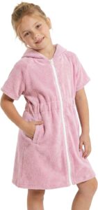 Girl wearing a hooded terry cloth swim cover up with front zipper, pockets, and quick-dry absorbent fabric after swimming at the beach or pool Girl wearing a hooded terry cloth swim cover up with front zipper, pockets, and quick-dry absorbent fabric after swimming at the beach or pool