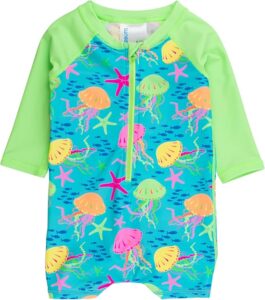 RuggedButts Neon Jelly Time toddler sunsuit with UPF 50+ protection, long sleeves, front zipper, and snap closures for beach and pool summer wear