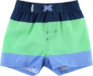 RuggedButts striped toddler swim trunks in mint and blue with UPF 50+ protection, elastic waistband, and mesh lining for beach and pool summer wear