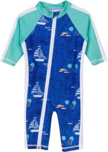 SwimZip long sleeve baby sunsuit with UPF 50+ sun protection, front zipper, and full coverage rash guard design for beach and pool safety