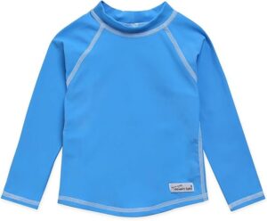 Toddler wearing a VAENAIT BABY long sleeve sky blue rash guard swim shirt with UPF 50+ sun protection for beach and pool summer play