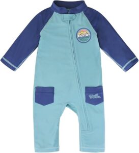UV Skinz baby sunsuit with UPF 50+ sun protection, long sleeves, full leg coverage, and front zipper for beach and pool summer safety