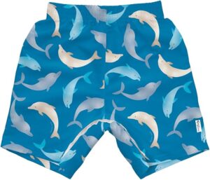 green sprouts toddler eco swim trunks with UPF 50+ protection, quick-dry recycled fabric, and easy snap closure for beach and pool use