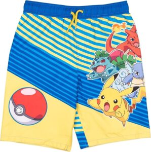 Boys Pokémon swim trunks featuring Pikachu, Charmander, Ivysaur, and Wartortle with UPF 50+ sun protection and colorful character graphics for summer adventures