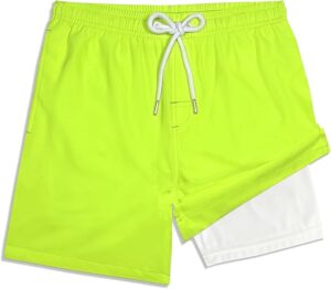 Boys blue swim trunks with built-in compression liner, quick-dry fabric, and adjustable drawstring waistband for swimming and summer activities