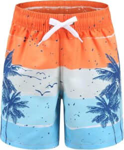 Boys tropical-print swim trunks with UPF 50+ sun protection, breathable mesh lining, and durable quick-drying fabric for beach and pool adventures