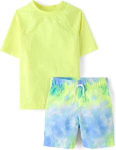 Boys two-piece rashguard swim set with UPF 50+ sun protection, short-sleeve swim shirt, and matching printed swim trunks for beach and pool days