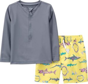 Boys two-piece swim set with UPF 50+ rashguard top and matching swim trunks in a colorful summer print for beach and pool adventures