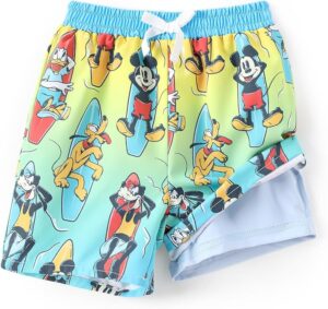 Disney Mickey Mouse boys swim trunks with UPF 50+ sun protection, quick-dry fabric, compression liner, and colorful character print for beach and pool fun