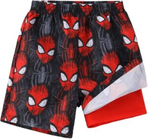Marvel Spider-Man boys swim trunks with UPF 50+ sun protection, quick-dry fabric, compression liner, and colorful superhero graphics for beach and pool adventures