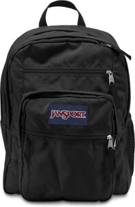 Black JanSport Big Student backpack with two large compartments, padded laptop sleeve, and multiple pockets for school