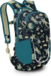 Osprey Daylite Jr. 9L kids backpack with padded mesh harness, side water bottle pockets, front zip pocket, and grab handle