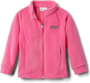 Columbia Girls’ Toddler Benton Springs fleece jacket in Pink Ice, a soft and cozy full-zip fleece jacket for cool-weather layering