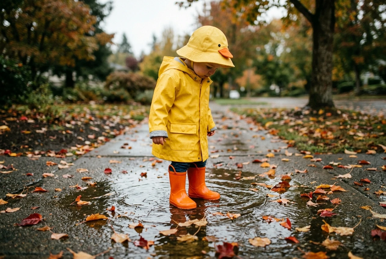 A toddler in a bright yellow raincoat and orange rain boots stands in a shallow puddle on a wet autumn sidewalk, a small felt beak stitched to a plain yellow hat, with fallen ora