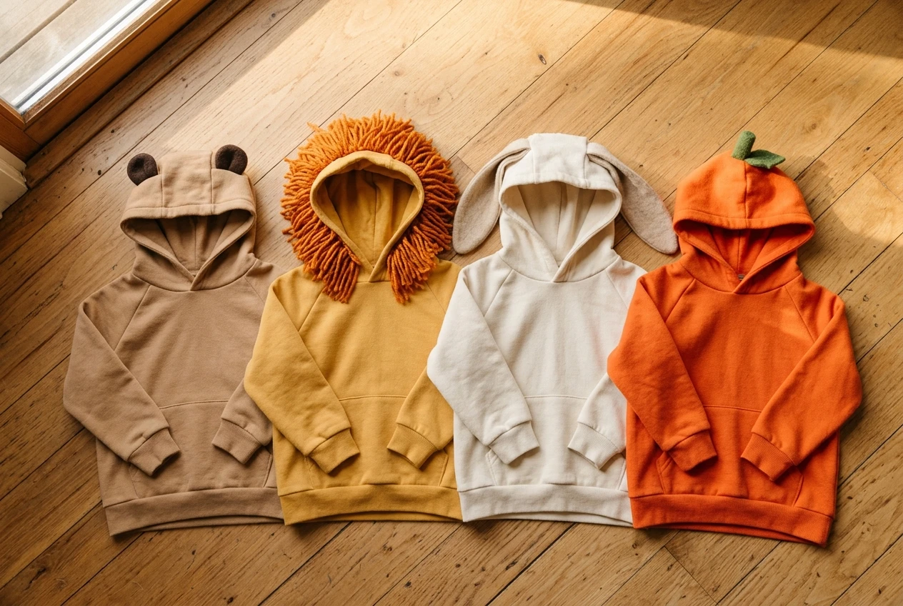 Four hoodies laid out side by side on a wooden floor: a tan one with round brown felt ears on the hood, a gold one with an orange yarn mane around the hood edge, a cream one with long floppy felt ears, and an orange one with a green felt stem. Warm natural window light.