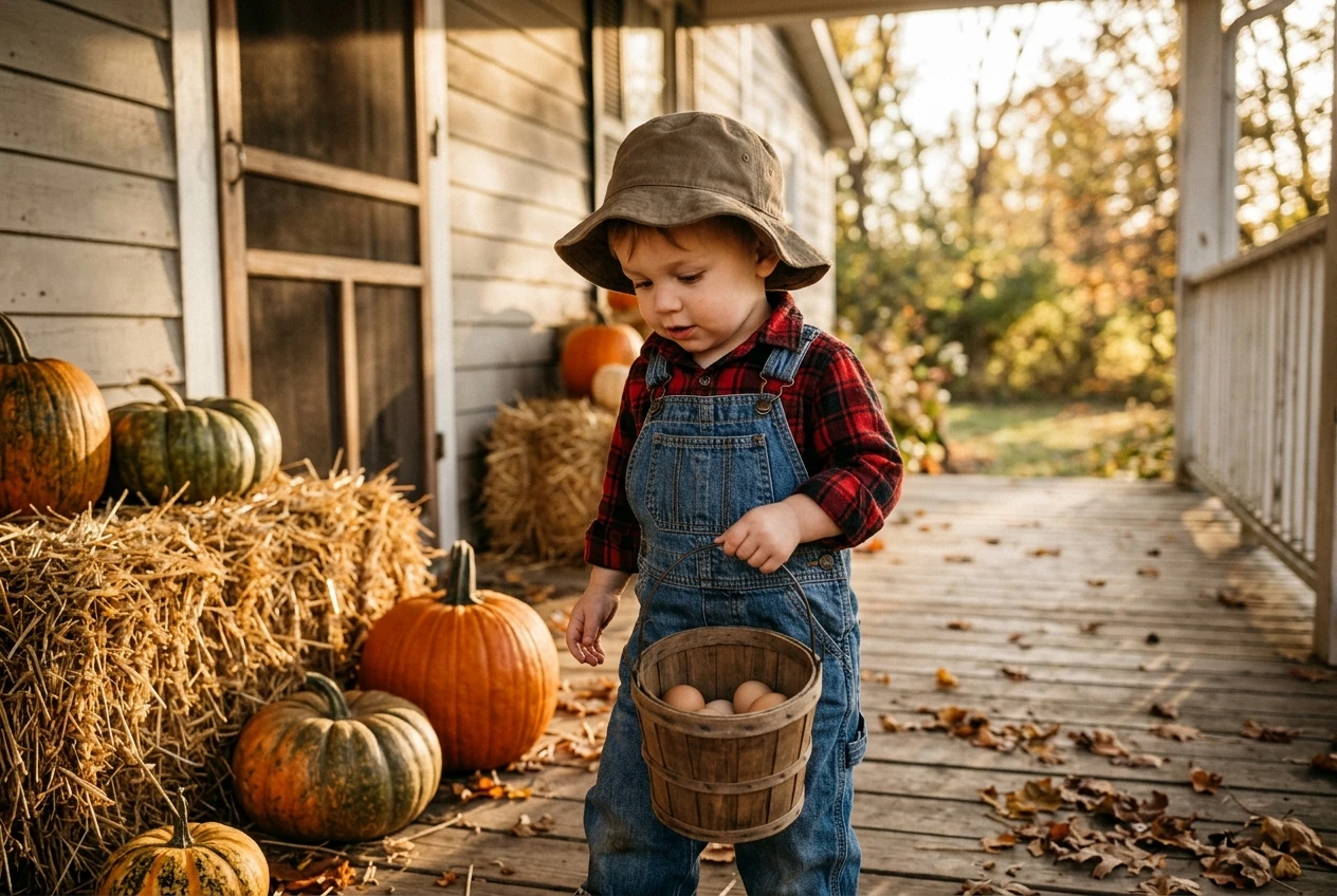 A toddler in denim overalls and a red plaid flannel shirt wearing a soft floppy hat, holding a small wooden bucket as an egg basket on a porch beside hay bales and pumpkins, golden late-afternoon light.