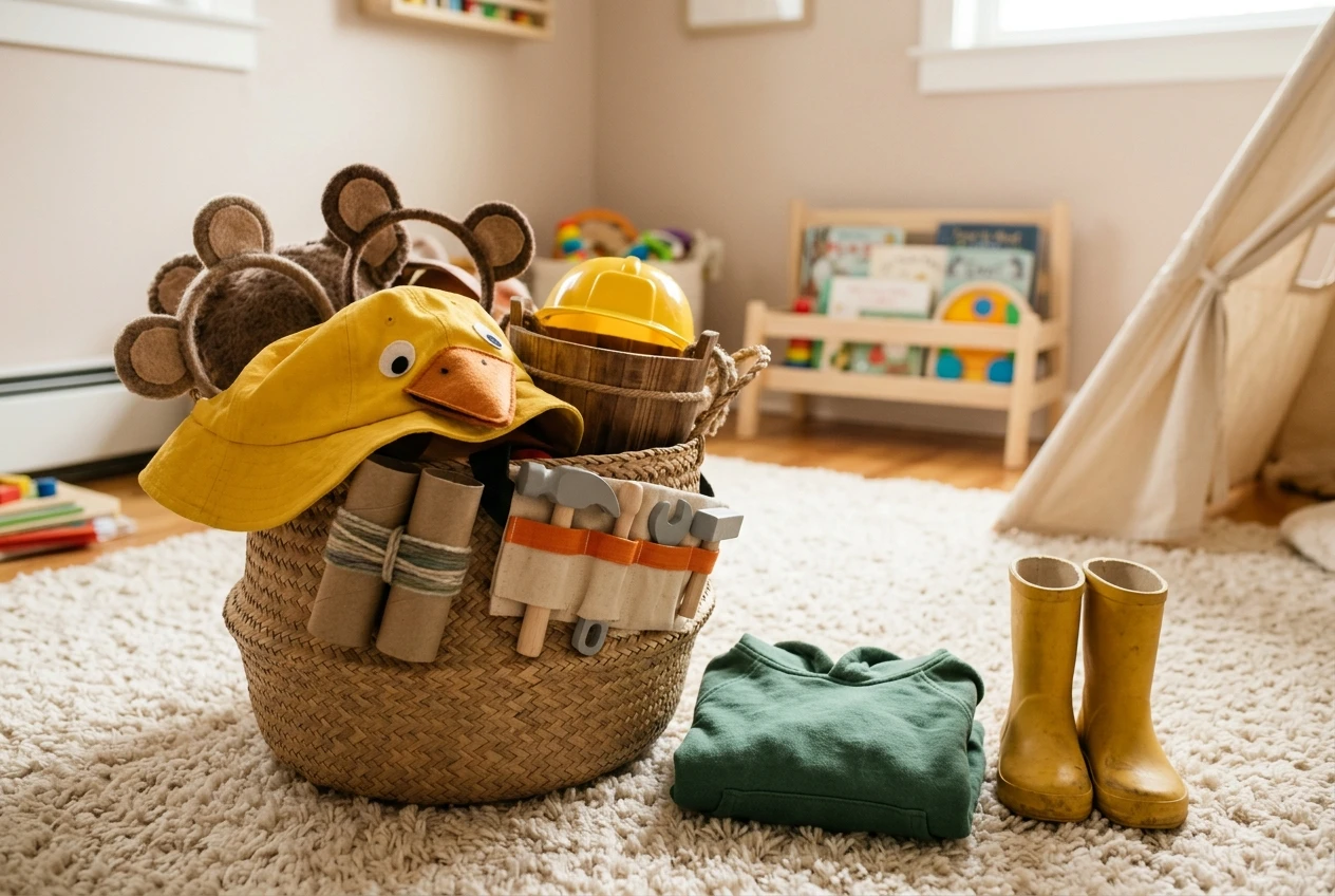 A woven basket in a cozy playroom corner overflowing with felt bear ears, a yellow hat with a felt beak, cardboard tube binoculars, a toy tool belt, a small hard hat and a wooden bucket, with a folded hoodie and rain boots resting nearby on a soft rug.