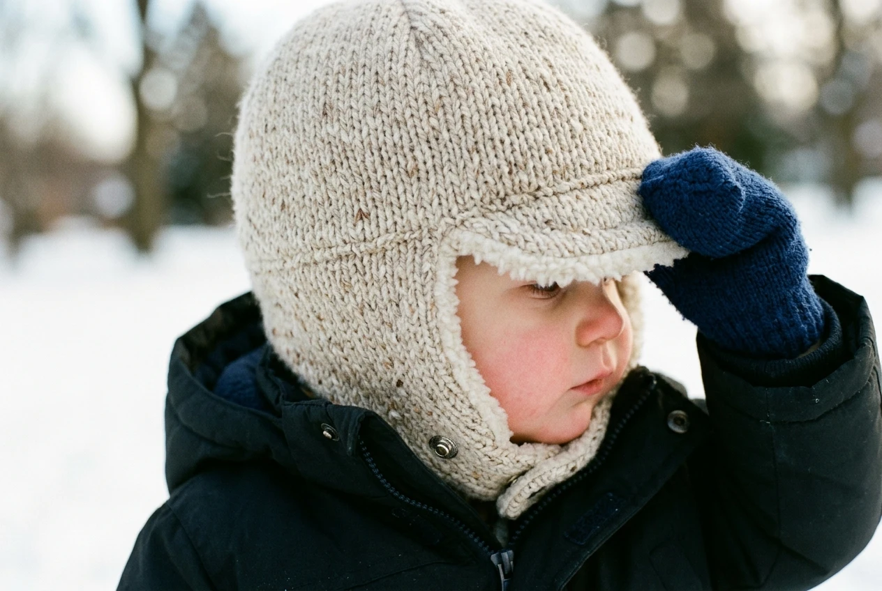 Close-up of a toddler's earflap hat in oatmeal wool with a soft fleece lining and a snap chin strap fastened, one small mittened hand tugging at the brim, against a blurred s