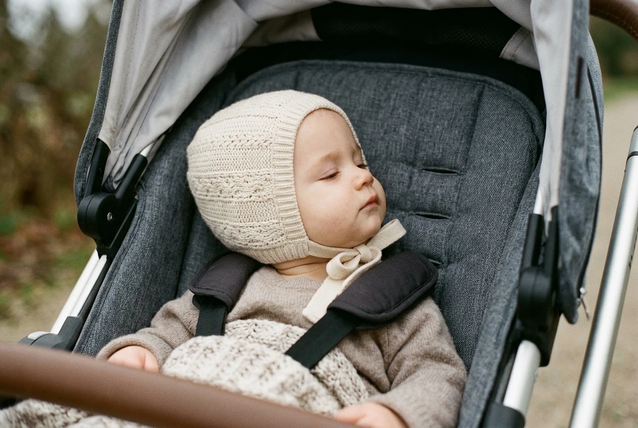 A baby reclined in a stroller seat wearing a cream knit bonnet with a soft tie under the chin, the hat sitting snugly over the ears while the baby leans back against a gray padded seat, soft overcast daylight.