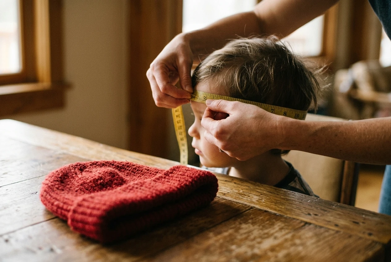 A parent's hands wrapping a yellow soft tape measure around a child's head just above the eyebrows, with a red knit beanie waiting on a wooden table in the foreground, warm indoor window light.