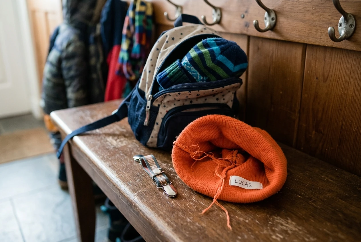 A bright orange beanie with a sewn-in name label turned inside out, laid beside a mitten clip and a spare folded hat tucked into the open pocket of a child's backpack, on a hallway bench by coat hooks.