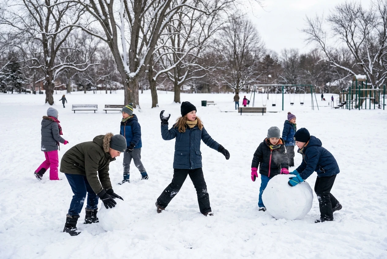 Kids playing outside in a park in the winter wearing mitten and gloves for older kids