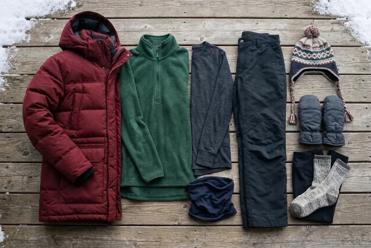 Show a long-sleeve top with leggings, a fleece top and pants. a winter jacket, a hat that covers the ears, mittens and a neck gaiter