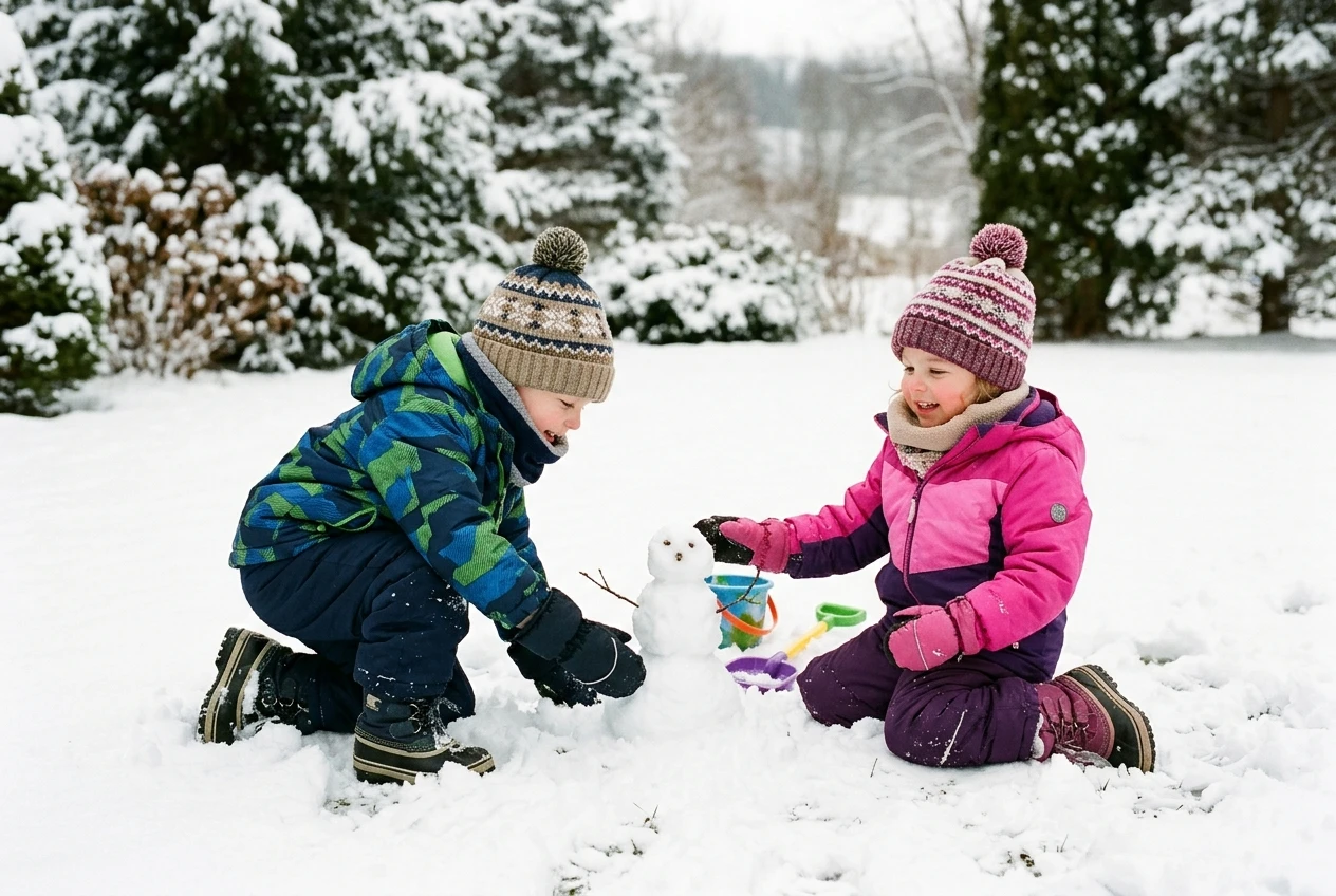 a picture of a toddler boy and girl dressed for winter with a winter jacket, hat, neck warmer, snow pants and boots and playing outside in the snow