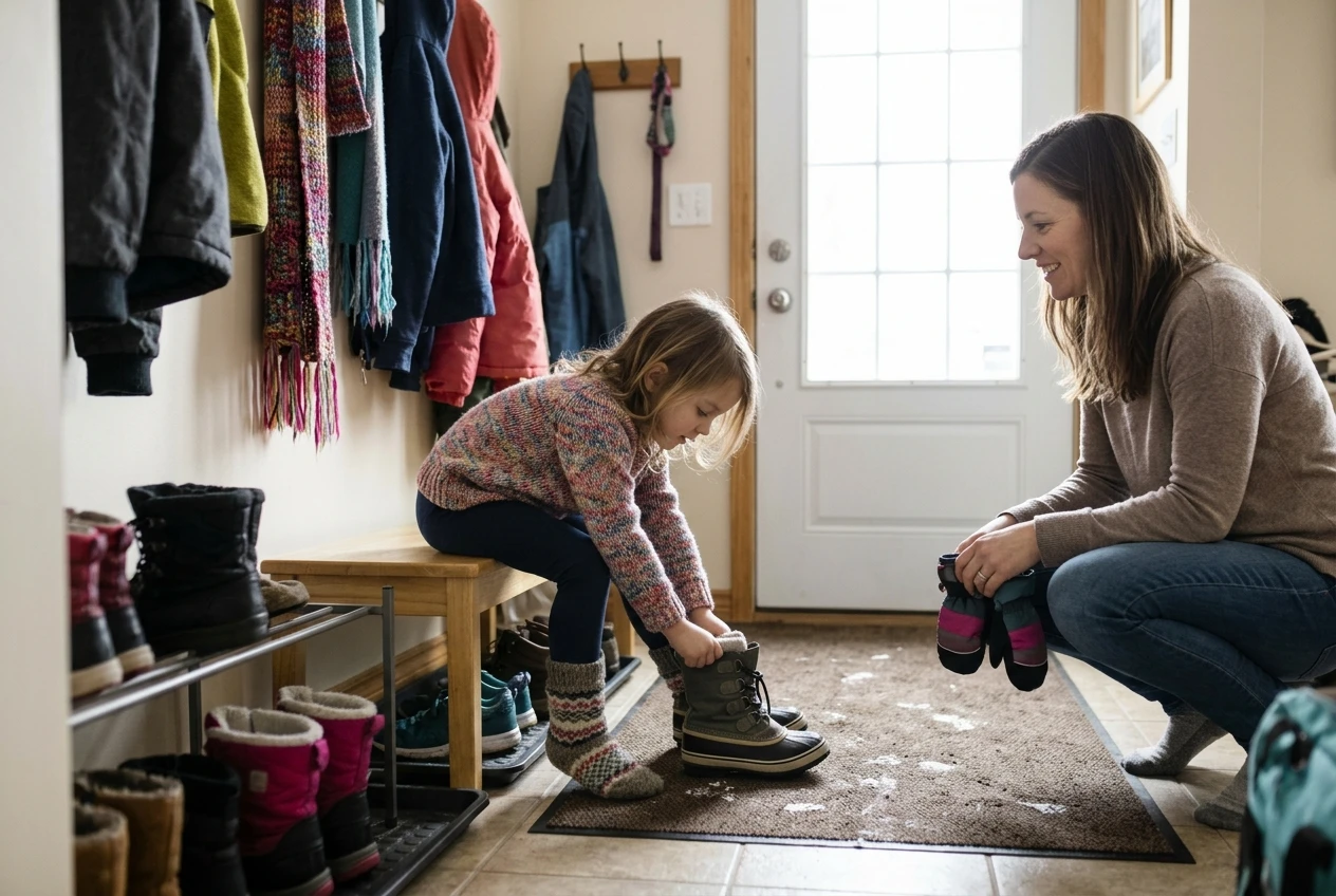 a picture of a child sitting in the hallway wearing wool socks and ready to put on her winter boots with mom looking on