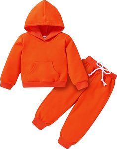Happy Town toddler two-piece orange hooded sweatsuit set with matching pocket sweatshirt and elastic waist sweatpants