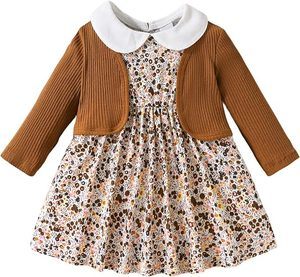 Toddler girl floral print long-sleeve dress paired with a coordinating solid cardigan for a fall or winter outfit