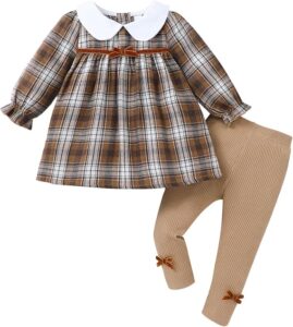 Toddler girl two-piece plaid outfit with a long-sleeve tunic featuring a Peter Pan collar and bow, paired with coordinating leggings with bow details at the ankles