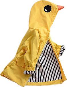 Toddler wearing a yellow Mobarta duck raincoat with a playful cartoon design
