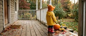 toddler in raincoat on autumn porch